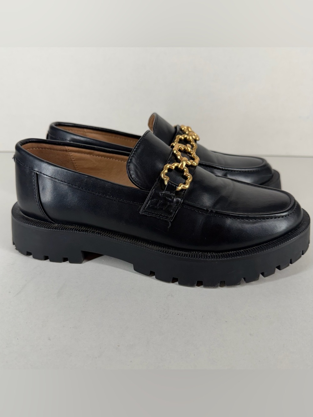Y2K Loafers Womens Sam & Libby Black Chunky Lug Sole Gold Floral Chain